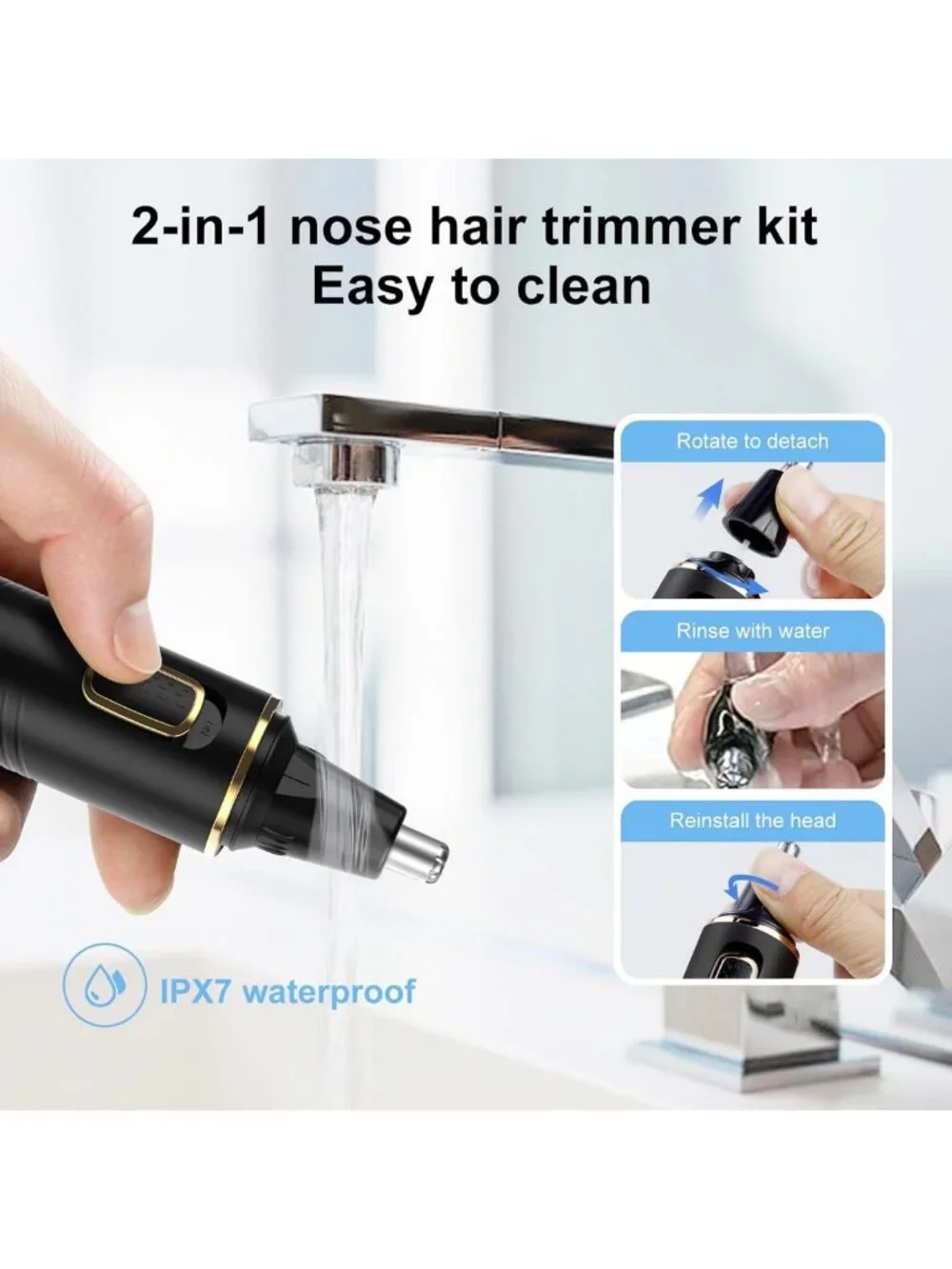 Rechargeable 2-in-1 Nose & Ear Hair Trimmer, Painless, Waterproof, Dual Edge